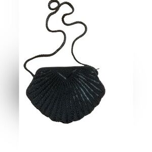 Small Black Beaded Shoulder Bag Evening Purse Little Black Dress Hold ID & Phone